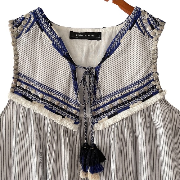 ZARA WOMAN Boho Sleeveless Embroidered Embellished Open Front Tassel Top - Picture 2 of 12